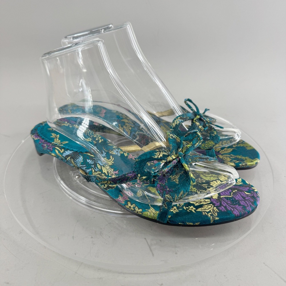 Womens Floral Brocade Satin Bow Low Wedge Sandals Teal Blue Size 8 7269